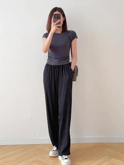 Vertical Naked Feeling 93% Natural Mulberry Silk Elastic Double Qiao Satin Elastic Waist Women's Fashionable Wide Leg Pants
