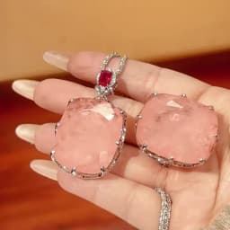 Large Cushion Cut Pink Rose Quartz Pendant Necklace Adjustable Ring Red Ruby Accent Statement Jewelry for Women Party Gift