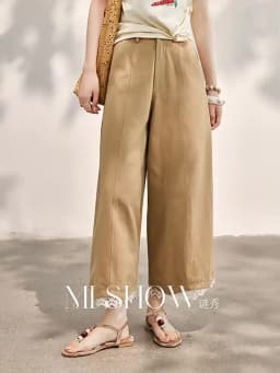 MISHOW Khaki High Waisted Wide Leg Cropped Pants For Women 2026 Summer Lace Trimmed Hem Retro Casual Loose Pants MXF24K1294