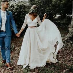 Customized Wedding Dresses 3/4 Long Sleeve A Line White Ivory Chiffon Lace Princess Beach Bride Two Pieces Evening Gown for Wome