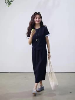 VIMLY Navy Casual Office Women's Suit 2026 Summer Contrast Folded Cuff Short Sleeve Tee Elastic Waist Straight Skirt Sets A6390