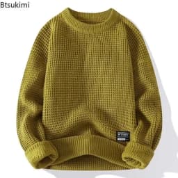 2026 Autumn Winter Men Pullovers Sweaters Knitted Top Round Neck Coarse Needle Full Sleeve Sweaters Solid Casual Loose Pullovers