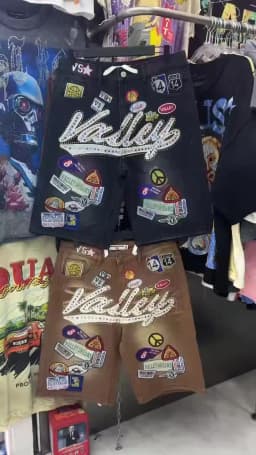 New Y2K Colorful Rhinestone VALLEY Embroidery Patch Label Denim Shorts Jorts Men Women High Quality Loose Straight Short Jeans