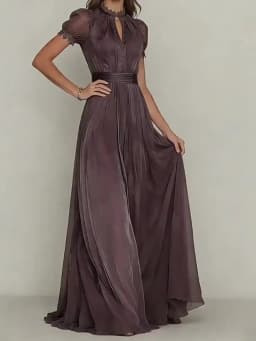 Elegant Chiffon Lace Trim Midi Dress Stand Collar Neck Puff Sleeve Cinched Waist Draped A Line Flowy Women's Casual Dresses