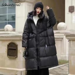 Schinteon Women White Duck Down Jacket with Hood Autumn Winter Warm Long Outwear Over Size Loose Coat 2026 New