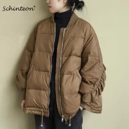 Schinteon Korean Style Women White Duck Down Jacket Loose Over Size Autumn Winter Warm Outwear Coat Ruffles Sleeves New