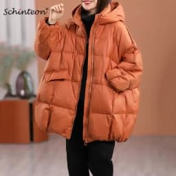 Schinteon Women White Duck Down Jacket with Hood Autumn Winter Warm Outwear Casual Loose Over Size Outwear Thick Coat 2026 New