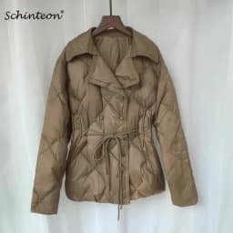 Schinteon Women White Duck Down Double Breasted Jacket Argyle Autumn Winter Outwear Office Lady Turn-down Collar Slim Coat 2026