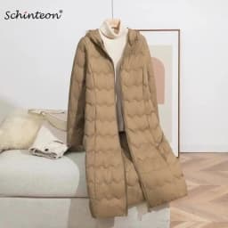 Schinteon Women's Lightweight 90% White Duck down Long Jacket with Hood Fashion Autumn Winter High Qaulity Slim Outwear 2026