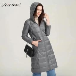 Schinteon Women Ultralight White Duck Down Long Jacket with Hood Casual Slim Autumn Winter Outwear 2026 New