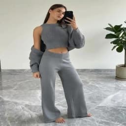 Wolfeel Women's Knitted Three Piece Ribbed Sleeveless Crop Top Long Sleeved and Long Pants Set Suitable for Casual Daily Wear