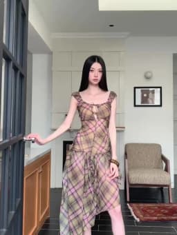 Summer Plaid Chiffon Chic Backless Sexy Sling Dress Women Elegant Bandage Casual Dress 2026 Korean Bodycon Luxury Evening Dress