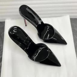 Summer Black Patent Leather High Heels with Pointed Toes Shallow Mouth Thin Heels Slippers Sexy Versatile Plus Size Lazy Shoes