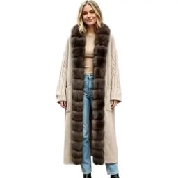 New Luxury Winter Real Natural Fox Fur Collar Woolen Blends Knit Long Overcoats Women Loose Warmth Cashmere Fur Jacket