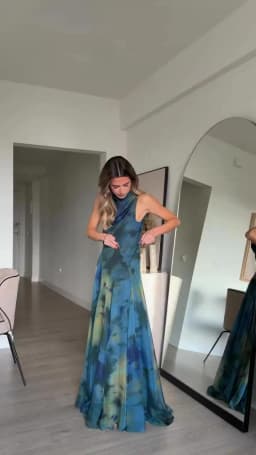 Elegant Blue Ombre Tie-dye Printed Off Shoulder Maxi Dress Satin Cowl Neck Tie Draped Dresses Party Wedding Luxury Evening Gowns