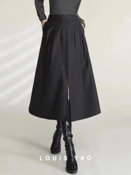 LOUIS YAO Women Elegant Black Midi Skirts 2024 High Waist Commuting Casual A Line Umbrella Long Skirt with Slit and Pockets