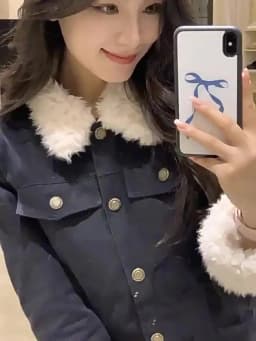 Faux Lambswool Patchwork Short Quilted Cotton Jacket Coat Women Retro Slim Navy Blue Padded Coat Female Workwear Style Outerwear