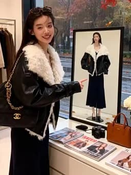 Women Faux Leather Labm Fur Lined Coats Solid Jacket Turn Down Collar Long Sleeves Single Breasted Loose Streetwear 2026 Autumn