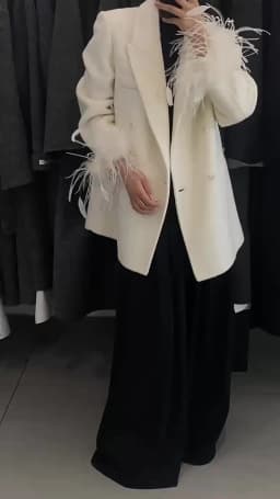 OFTBUY Women's 100% Wool Blazer Feather Cuff Double Breasted Suit Jacket Elegant Winter Warm Coat Casual Office Lady Outerwear