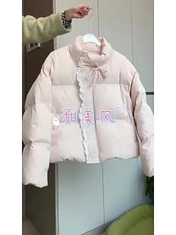 Sweet Pink Bow Stand Collar Puffer Jacket Women Korean Lace Spliced Thick Outerwear Students Winter Warm Cropped Cotton Jackets