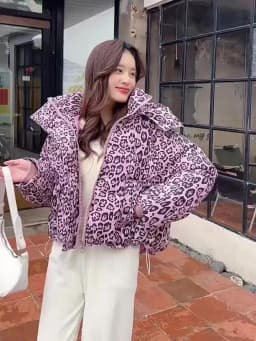 American Leopard Print Hooded Puffer Jacket Women Winter Loose Fit Warm Cotton Jackets Women Fashion Zip Up Thick Padded Parkas