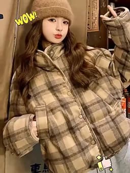 Retro Plaid Short Padded Jacket for Women Autumn Winter Maillard Style Thick Warm Outerwear Female Casual Korean Puffer Jackets