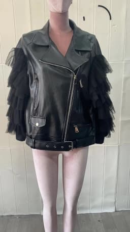 Lautaro Autumn Short Black Oversized Lace Patchwork Leather Biker Jacket Long Sleeve Loose Womans Clothing Fashionable Outerwear