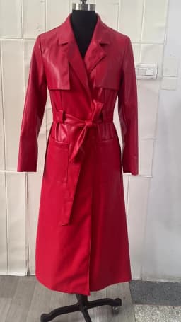 Nerazzurri Spring Autumn Long Red Soft Pu Leather Trench Coat for Women Pockets Sashes Luxury Elegant Chic Stylish Overcoat 2023