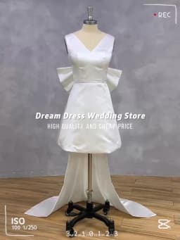 DREAM Customized Short Mini Satin V Neck Bridal Gown Large Bow Open Back Sleeveless Above Knee Length Wedding Party Dresses 2026