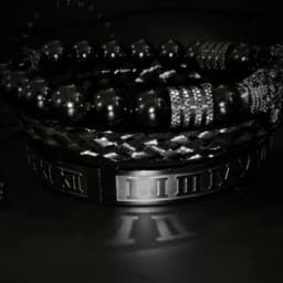 3PCS Mens Premium Black Agate Beaded Bracelet Set - Double Leopard Head, Roman Numerals, Adjustable Braided Design Bracelets