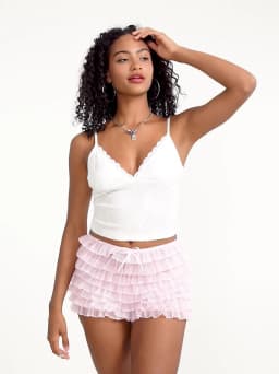Women's Summer Ruffled Frilly Shorts Solid Color Multi-Layer Mesh Short Pants Sweet Cute Bloomers