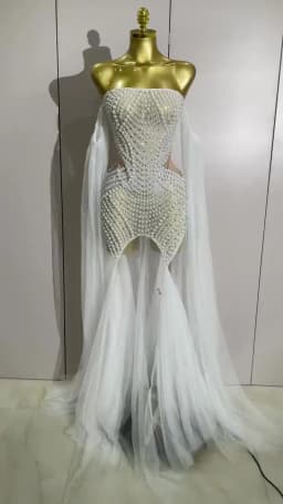 Elegant Sparkly Rhinestone White Pearl Sexy Strapless Mesh Long Dress Wedding Guest Gowns Luxury Birthday Evening Party Dress