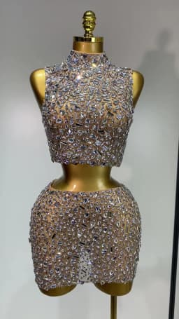 High Quality Sparkling Rhinestone Sexy See Through Blackless Top Skirt Two Pieces Set Woman Luxury Birthday Evening Party Gowns