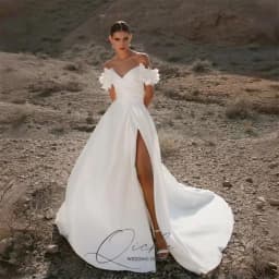QICHE Modern Satin A-Line Wedding Dresses Women Flowers Off The Shoulder High Side Slit Open Back Vestidos De Noiva Customized