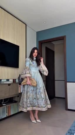 Elegant Floral Printed Women's Dress Stand Collar Full Puff Sleeve A-line Long Dresses 2026 Summer Vacation Party Lady Robes