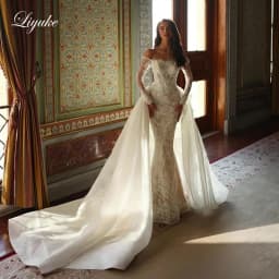 Liyuke Alluring Lace Boat Neck 2 In 1 Mermaid Wedding Dresses Shiny Beading Pearls Romantic Removable Train Bridal Gowns