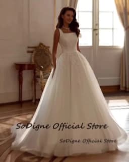 SoDigne A-line Tulle Wedding Dresses Square Collar Sleeveless Appliques Bridal Dress Bride Gown Robe De Mairee Customized 