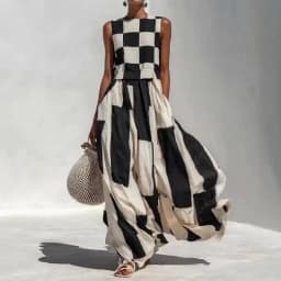 Sleeveless Black White Geometric Patchwork Print Party Dress Women Summer O Neck Loose Maxi Dress Elegant Holiday Ladies Dress