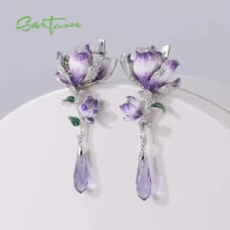 SANTUZZA Real 925 Sterling Silver Drop Earrings For Women White Cubic Zirconia Purple Gradient Enamel Flower Chic Fine Jewelry