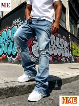 HME Men's Light Blue Denim Pants, Distressed Flared Jeans with Knee Rips & Frayed Hem for Streetwear