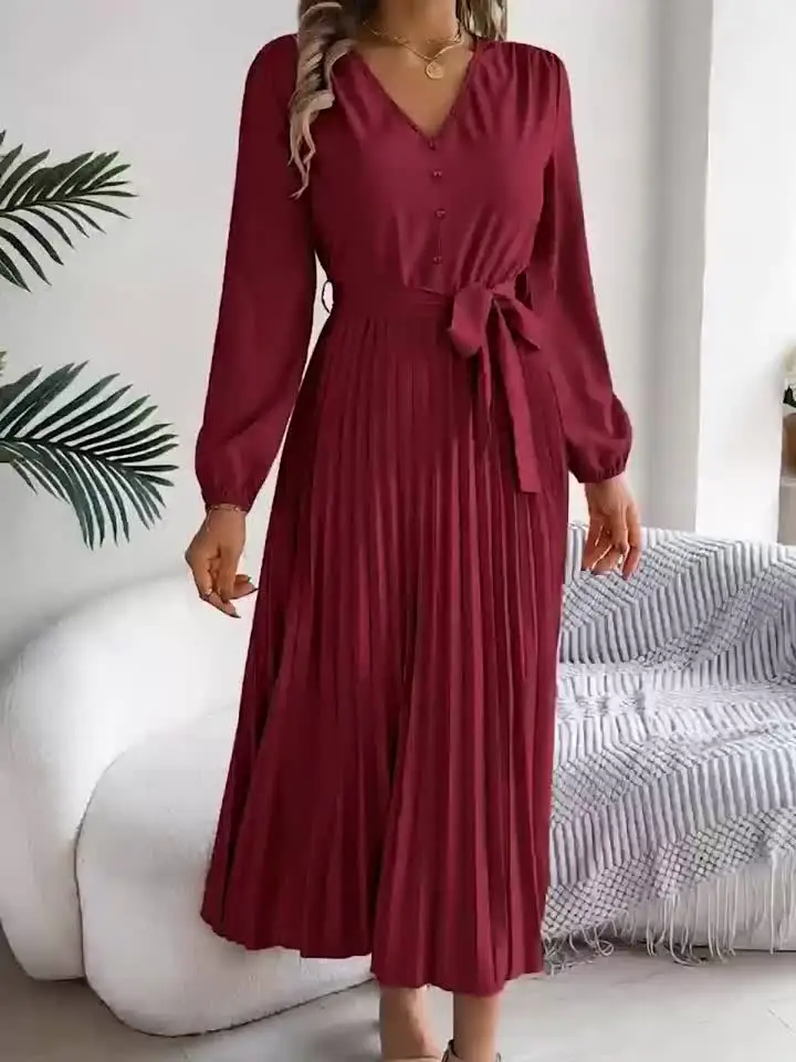 Spring Autumn Elegant Buttons V Neck Lantern Long Sleeve Lace Up Pleated Dress Khaki Blue Red Green Black Women Dresses