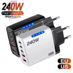240w Gan Fast Charger With Led Light 2usb+3type-C 5 In 1 Multi Port Phone Charger For Iphone15-17Series Samsung Huawei Xiaomi 15