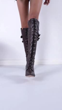 Oversized Pointed Toe Cross Lace-Up Boots Sexy Cat Heel Double Belt Buckle Motorcycle Boots Street Trend Female Knee-Length Boot