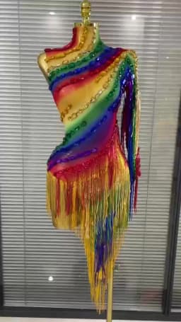 New Rainbow Women Sexy One Shoulder Mesh See Through Tassles Bodycon Mini Dress Birthday Fashion Bar Singer Performance Stage