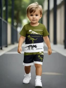 Cool Style Dinosaur Skeleton Print Boys Short Sleeve Shorts Set New Arrival