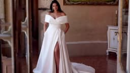 EVON BRIDAL Elegant Off Shoulder Wedding Dress Plus Size Bride Side Split Satin Bride Gowns With Pocket Wedding Gowns Customized