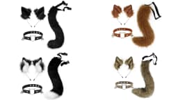Cat Ears and Wolf Fox Animal Tail Cosplay Costume Faux Fur Hair Clip Headdress Halloween Leather Neck Chocker Set