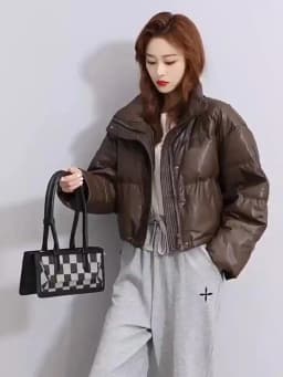 CoffeeMaillard Stand Up Collar New Short 2026 Winter Petite Fashion Bread Warm Thickened PU Leather Down Cotton Jacket For Women
