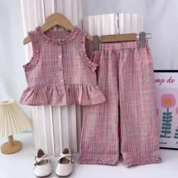 Pink Girl's Summer Two-piece Set with Single Breasted Sleeveless Top and Casual Pants, New Children's Sets Kids Clothes