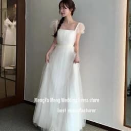 ZHUISHU Simple Square Collar A Line Tulle Wedding Dresses Korea Photoshoot Short Sleeves Floor Length Bridal Gowns Customised
